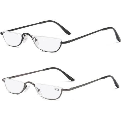 2 Paires Lunettes De Vue Lecture Demi Lune,Lunette Pour Lire Mince Demi-Monture En Métal, Printemps Charnières Lunette Femme Et Homme (Noir, Gris)+1.0 