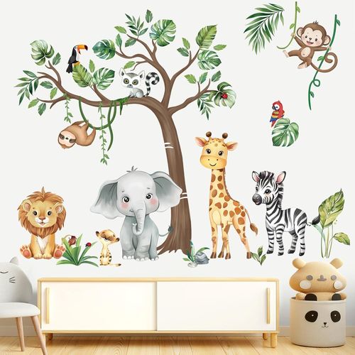 SJZG-Stickers Muraux Animaux De La Jungle Arbre Autocollant Mural Safari Éléphant Lion Girafe Décoration Murale Bébé Pépinière Chambre Enfants Chambre Enfants