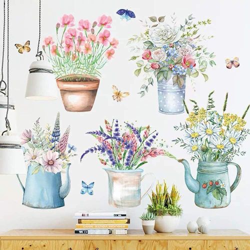 Aquarelle Stickers Muraux Pot De Fleurs 2 (115x45 Cm) I Floral Plantes Libellule Papillon I Autocollant Sticker Mural Pour Salon Chambre D'enfant Cuisine Carrelage Adulte Ado