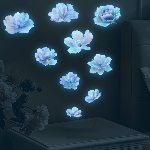Lot De 9 Stickers Muraux Fleurs Lumineuses-Fleurs Bleues Lumineuses-Autocollants Muraux Décoratifs Pour Chambre D'enfant Et Chambre À Coucher