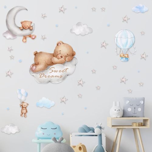 Décoration Murale Chambre Bébé Mignon,Décoration Murale De Chambre Imperméable,Sticker Ours Sur Lune Sticker Mural Peut Être Disposé Et Combiné À Volonté,Stickers Muraux Pour Chambre De Bébé