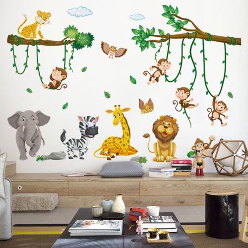 Sticker Mural Motif Animaux De La Forêt,Arbres,Cerf,Éléphant,Singe,Utilisation Dans Les Chambres D'enfants,Crèches,Décoration Murale Pour Le Salon