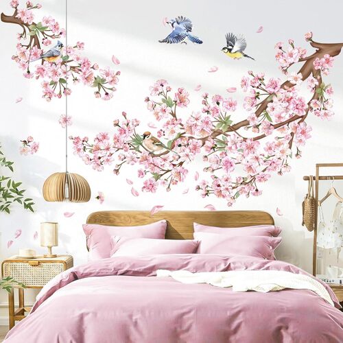 KALANKA-Stickers Muraux Fleurs de Cerisier Rose Autocollant Mural Floral Branche Arbre Oiseaux Décoration Murale Chambre Enfants Bébé Salon TV Mur