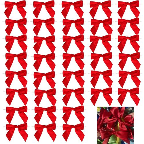 KAL-Lot De 36 Mini Noeuds En Satin Pré-Noués Pour Cadeaux, Biscuits, Sacs De Bonbons, Sapin De Noël, Décoration De Mariage(Rouge)