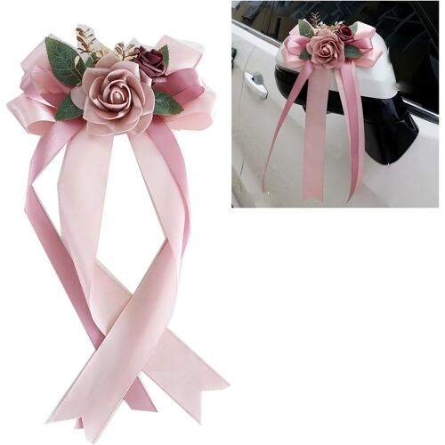 KAL-Lot De 4 Noeuds De Voiture En Soie Fleur Mariage Décoration De Voiture Simulation Rose Noeud Poignée De Porte De Voiture Rétroviseur De Chaise De Mariage Décoration Fleur Bow Avec Ventouses Bandes