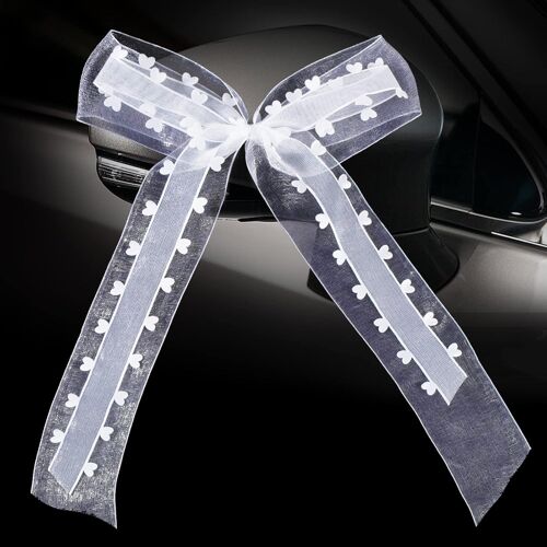 KAL-10Pcs Noeuds Blancs 26X16Cm Noeud De Papillons Voiture Mariage Avec Coeurs Ruban De Tull Décoration Pour Mariage Voitures Nuptiales Cadeau