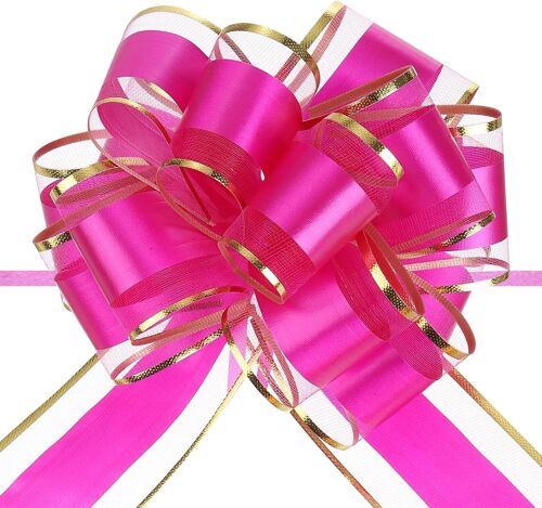 KAL-10Pcs 15Cm Grand Noeud À Tirer Avec Bordure Dorée, Ruban D'Emballage Cadeau En Organza Pour Voiture, Noeuds Pour Paniers De Voiture De Mariage, Rose Rouge