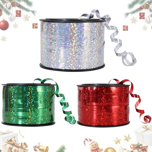 KAL-Lot De 3 Rubans À Friser Argentés Rouges Et Verts De 91,4 M De Long Pour Emballage Cadeau De Noël Et D'Anniversaire, Décorations De Vacances