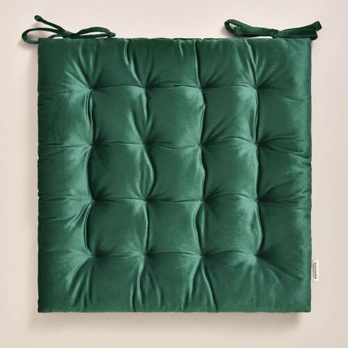 KAL-Coussins De Chaise Avec Rubans Nova 40 X 40 X 4,5 Cm Coussin D'Assise Rembourré, Galette De Chaise Interieur Avec Attaches, Antidérapants Pour Siège Velours Velvet Vert Foncé, 1 Pièce