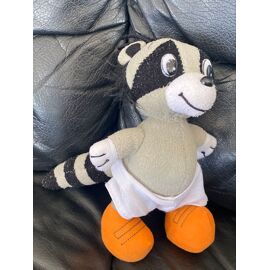 Doudou peluche raton laveur gris et noir short blanc et pieds orange jaune 19cm