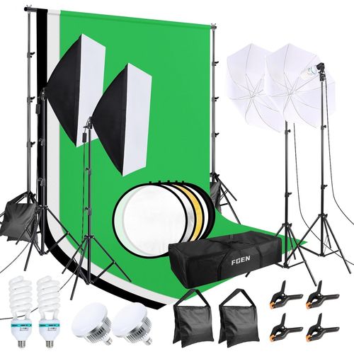 SUBZONAL-Softbox Kit Studio Photo Coton Vert 2,6 m x 3 m Système de Fond pour Studio Photo avec Lampe Photo CFL 135 W 85 W LED Lampe Photo réflecteur Parapluies Photo Sac de Sable pour vidéo Photogr