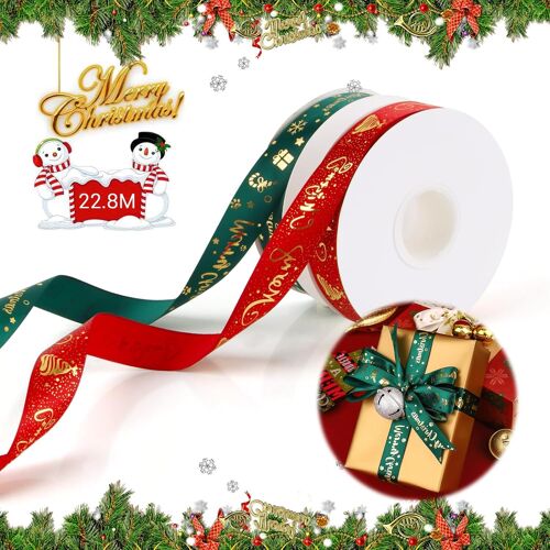 Kal-2 Rouleaux De Ruban De Noël Doré, 2,5 Cm * 23 M Ruban Noel, Ruban Satin De Noël, Cadeau Flocon De Neige (Vert Foncé) + Noël Brillant (Rouge Vin), Décoration De Couronne De Noël