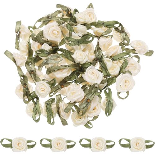 KAL-50Pcs Roses En Ruban Beige 5/8' X1-3/16 Mini Roses Pour L'Artisanat Petits Noeuds En Satin Roses Fleurs Artificielles