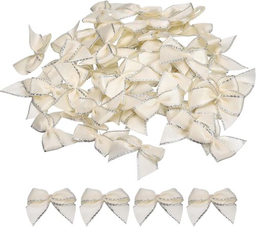 Kal-50pcs Mini Noeud En Ruban À Bordure Métallique 2.5cm Noeuds De Fleurs En Ruban De Satin Doux Pour Bricolage, Couture, Mariages, Fêtes D'anniversaire Bordure Argentée Crème