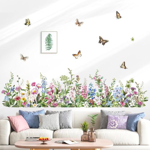 Deaclmile Stickers Muraux Herbe Verte Fleurs Coin Plinthe Autocollant Mural Papillon Et Fleurs Herbe Plante Baseboard Décoration Murale Chambre Enfants Salon