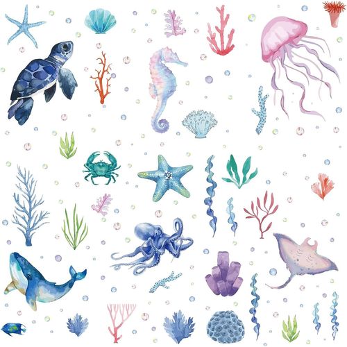 SJZG-Animaux De La Mer Stickers Muraux Pvc Étanche Autocollants Autocollants Tortues Hippocampes Baleines Coquillages Méduses Rectangle 8 Feuilles 8 Styles Amovibles Pour Fenêtre Escalier