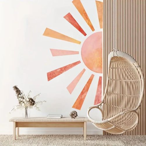 Grand Stickers Muraux Enfants Soleil Orange/Jaune (93x53 Cm) I Autocollant Mural Chambre Bébé Fille I Déco Murale Bohème Chambre Enfant Fille Garçon Meuble Crèche Xxl