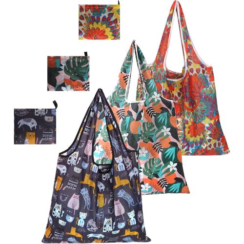 SJZG-Lot De 3 Sacs De Courses Pliables, Réutilisables, Grande Capacité, Portables, Lavables Et Tendance
