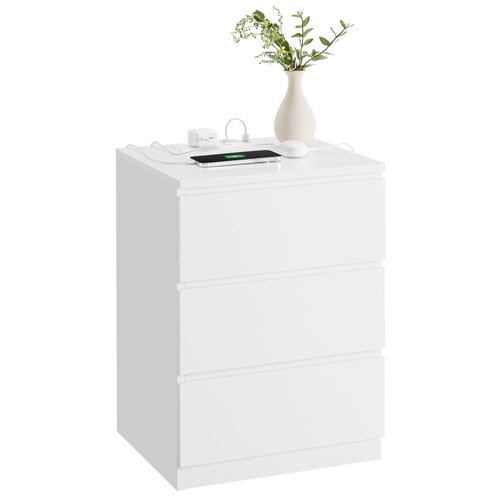 Table De Chevet Avec Multiprise, Table D'appoint Avec 3 Tiroirs, 2 Prises Ca, 2 Ports Usb, Blanc Nuage