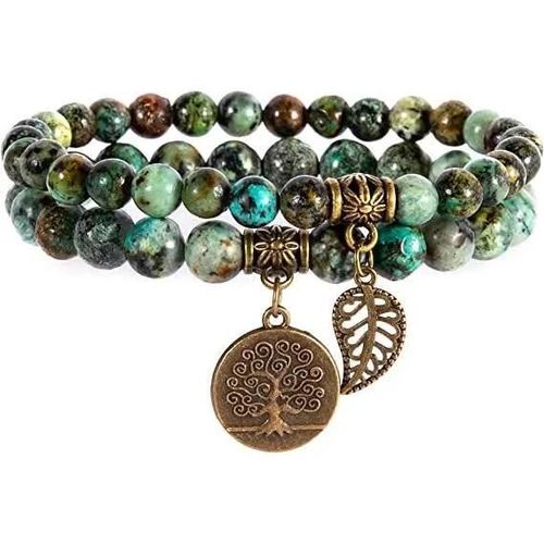Ensemble De Deux Bracelets , Bracelet En Pierre Naturelle Avec Accessoires Arbre De Vie Et Feuille