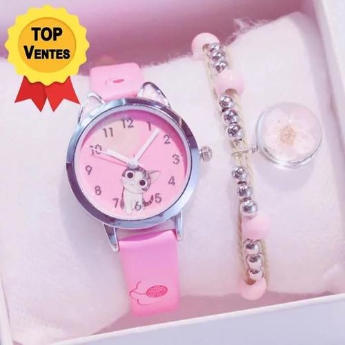Montre Fille Et Bracelet - Organgonfand - Chat Rose Étanche - Mouvement Quartz Original