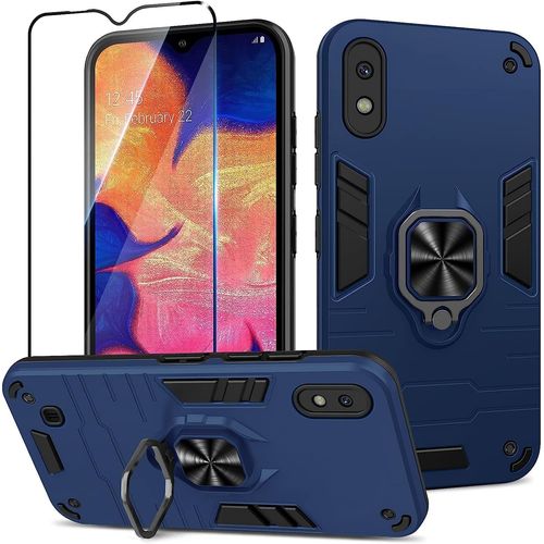 Coque Pour Samsung Galaxy A10 Avec Verre Tremp¿¿, Etui De Protection Antichoc De Qualit¿¿ Militaire, Housse Avec Anneau Support M¿¿Tallique, Support De Voiture Compatible, Bleu