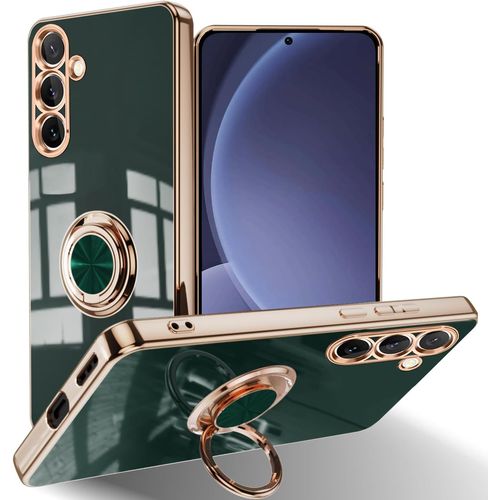 Coque Tpu Silicone Anti-Choc Pour Samsung Galaxy S25+ 5g - Protection Caméra Et Écran, Anneau 360° Avec Support Voiture Magnétique, Finition Luxe Bord Doré - Vert