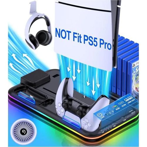 Ps5 Support Pour Ps5 Slim Neu, Ps5 Avec Ventilateur À 3 Niveaux, Refroidisseur Ps5, Lumière Rvb, Rangement De 15 Jeux - Noir