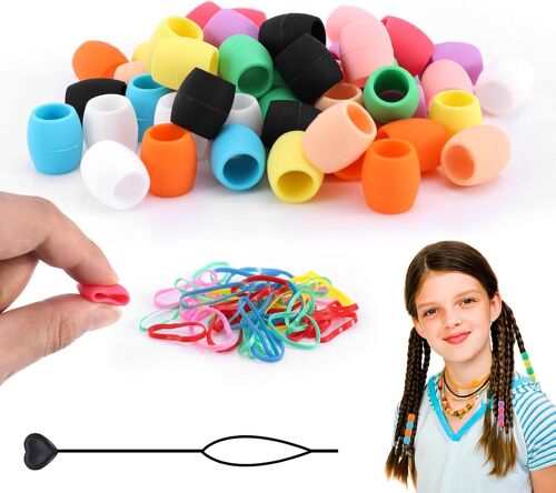 Kal-50pcs Perles Pour Cheveux En Silicone, Douces Colorées Perles De Cheveux Pour Tresses Perles De Poney Avec Élastiques Et Aiguille À Perler Pour Enfants Filles Femmes Accessoires Pour Cheveux 