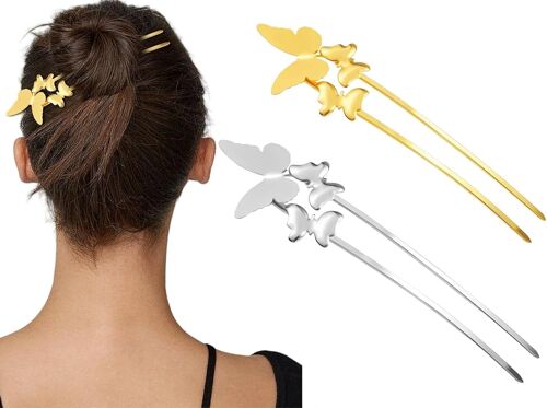 Kal-Lot De 2 Épingles À Cheveux Papillon En Métal En Forme De U - Accessoire De Coiffure Pour Mariée - Doré + Argenté 