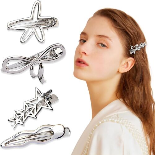 Kal-Barettes Cheveux, 4 Pcs Barrettes Arcs, Étoiles, Vagues, Étoiles À Cinq Branches, Barrette Cheveux Fille, Épingle À Cheveux Argentée Y2k 