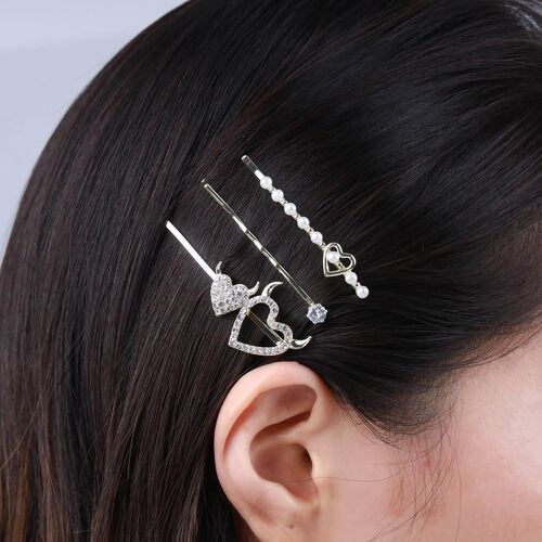 Kal-3pc De Barrettes À Cheveux En Perles De Strass Barrettes À Cheveux Françaises De Mariage Barrettes À Cheveux En Cristal Coeur Étincelant Accessoires Pour Femmes Filles 