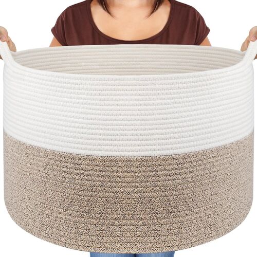 JEXNOVASHOP-Paniere Linge, Paniere a Linge Sale Osier 83L D55XH35,Panier Corde de Coton Fabriqué à La Main Qualité Supérieure, Grand Panier Rangement Bebe pour Jouets avec poignées, Corbeille a Linge