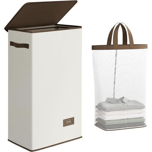 SJZG-Panier À Linge Étroit Avec Couvercle, Sac Amovible, Poignée, Petit Panier Parfait Pour La Buanderie, La Salle De Bain, La Chambre À Coucher, Les Petits Espaces, 70 L, Beige