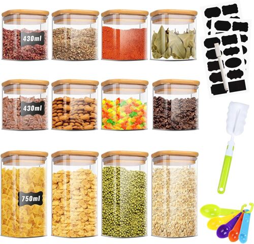 Jexnovashop-Bocaux En Verre Lot De 12, 430ml/750ml, Avec Couvercle, Pots De Rangement Cuisine Pour Épice, Spaghetti, Café, Céréales