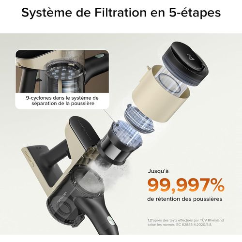 H5 Aspirateur Balai Sans Fil 158 Aw Avec Séparation De La Poussière À 9 Cyclones Filtration En 5 Étapes À 99,997%,Aspirateur Sans Fil Poids Léger De 3,4Lbs,Aspirateur Balai Jusqu'À 60 Min