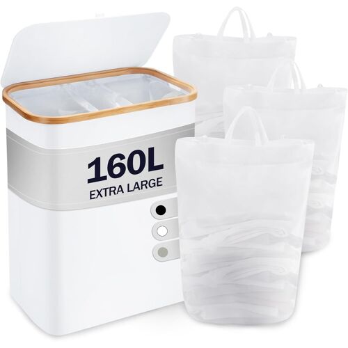 MEVRONISSHOP-Panier à linge avec couvercle - 3 compartiments - 160 l - Avec 3 sacs à linge - Grand panier à linge pliable - En bois de bambou - Blanc