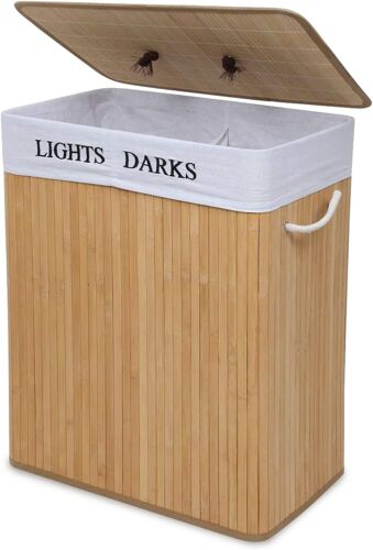 MEVRONISSHOP-Panier à Linge Pliable en Bambou 52 x 32 x 62.5cm Corbeille à Linge avec 2 Compartiments et Sac Amovible Lavable Naturelle 100L, Naturelle
