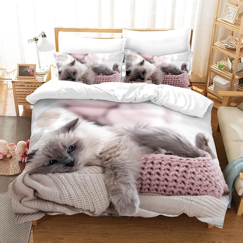 Tzf-Chat Set De Linge De Lit 135x200cm, Motif Chat Housse De Couette Microfibre, Impression 3d Set De Linge De Lit 3 Pièces Avec Fermeture Éclair (Chat-3, Singolo-135x200)