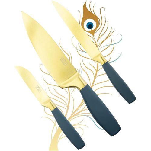 Jexnovashop-Lot De 3 Couteaux De Cuisine Ultra Modernes, Aiguisés, Revêtement Titane, Lames En Acier Inoxydable, Poignées Bleu Paon