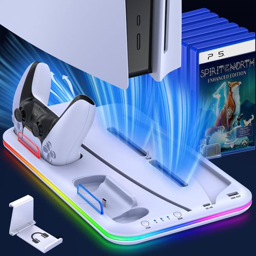 Support De Refroidissement Mince Avec Ventilateur Lumineux Rvb,Disque De Console Ps5 Et Édition Numérique,Contrôleur Ps5,Contrôleur De Charge Pour Touristes S6 -Blanc