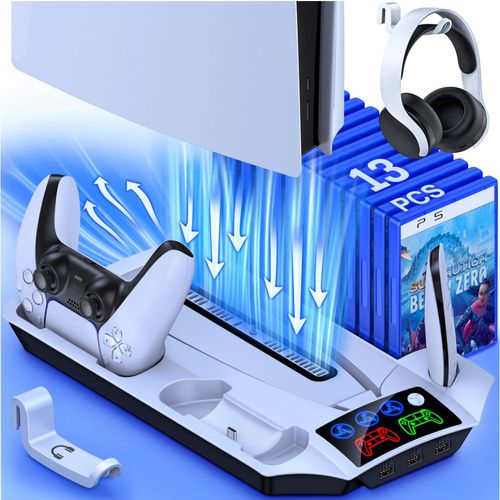 Ventilateur De Refroidissement Led 3 Modes Pour Ps5,Support Vertical,2 Contrôleurs,Station De Chargement Pour Disque Sony Playstation 5/Numérique Avec 13 Emplacements De Jeu -Beboncool Q274-B