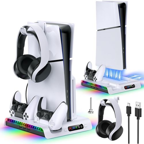 Support De Charge Ipega Avec Ventilateur De Refroidissement Pour Ps5 Slim Digital/Console De Disque,Contrôleur De Touristes Avec 9 Lumières Rvb Pg-P5s006 -Blanc