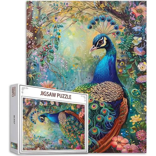 Kasfl-Puzzle Paon De 1 000 Pièces Pour Adultes,Belles Plumes Abstraites,Fleurs,Art Pour Jeux D'activités Familiales,Puzzle Coloré Pour Décoration D'intérieur