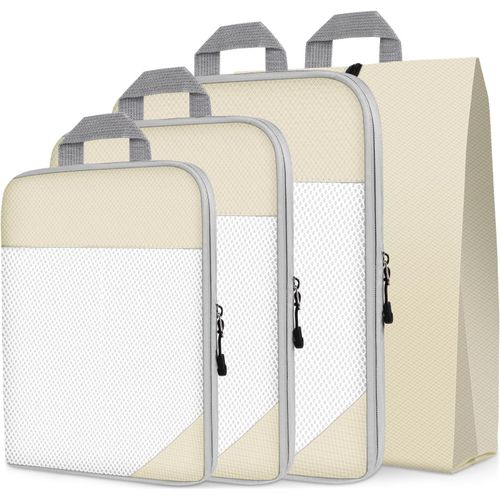 BHHBB-Organiseurs de Bagage pour Voyage, 4PCS Rangement Valise Sacs à Vêtements, Sac à Chaussures, Sacs de Rangement pour Cosmétiques, Bagage Sacs, Double Zip - Beige