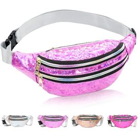 SJZG-Sac Banane Réflet Holographique Femme, Sac Banane Pour Fille, Sac De Taille Ajustable Multi-Poches En Cuir Pu Imperméable Sacoche Pour Girls Festival Voyage Hiking