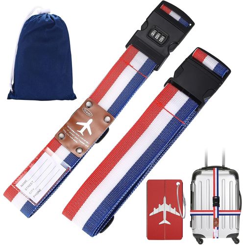 nzqaf-2 Pièces Sangles Valises, Sangles de Bagages Réglables, Sangle Valise Voyage avec Fente de Verrouillage par Mot de Passe, Porte-nom Rouge,Blanc,Bleu