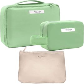 nzqaf-3 Pièces Trousse de Maquillage de Voyage, Trousse de Toilette Portable, Sacs à Cosmétiques en PU, Sac de Rangement de Cosmetic Bag pour Cosmétiques et Articles de Toilette (Vert)