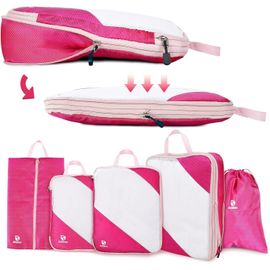 AiQInu Rangement Valise Lot de 5,Packing Cubes Compression Organisateur de Voyage Ultraléger, Extensible, Sac Compression à Chaussures, Bagage (Rose)