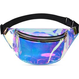 SJZG-® Sac Banane, Sacoche Banane Ville Unisexe À Effet Holographique, Sac Etanche Multi-Poches Mode Imperméable Cuir Pu Pour Voyage Randonnée Camping Loisir (Avec 1*Forfait Carte De Crédit)